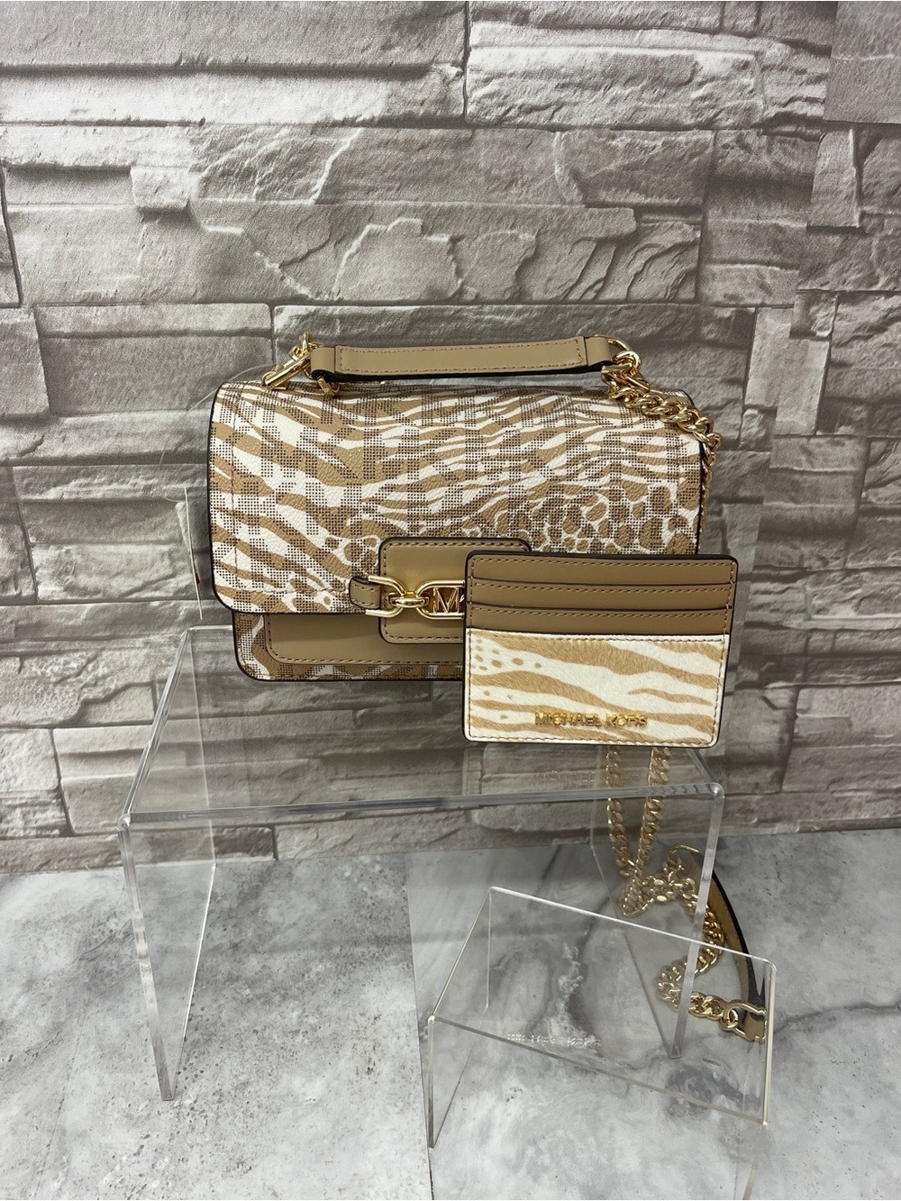 Michael Kors Heather Beige and White Animal-Print Crossbody & Cardholder Camel